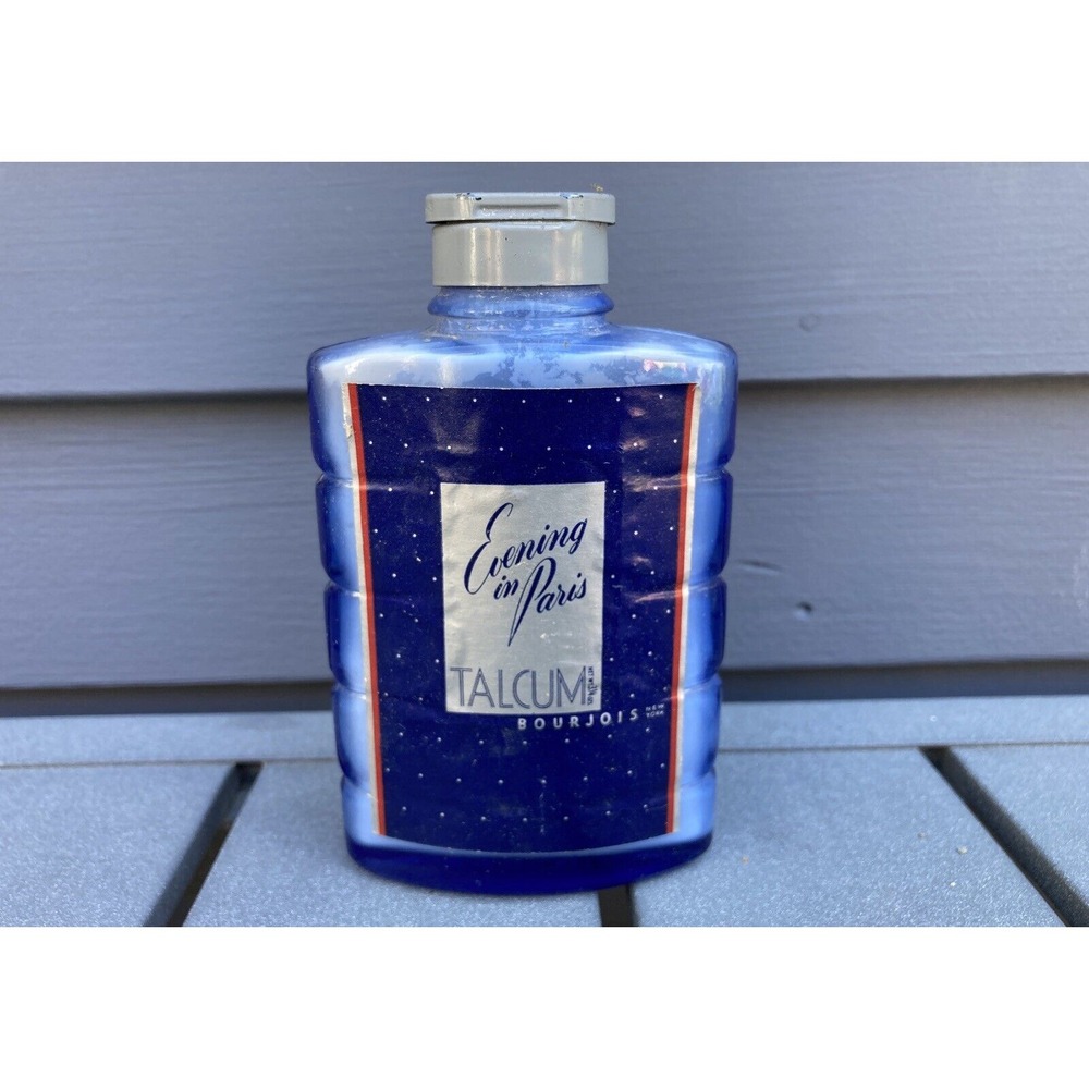 Vintage blue glass bottle Evening In Paris talcum powder Bourjois almost full